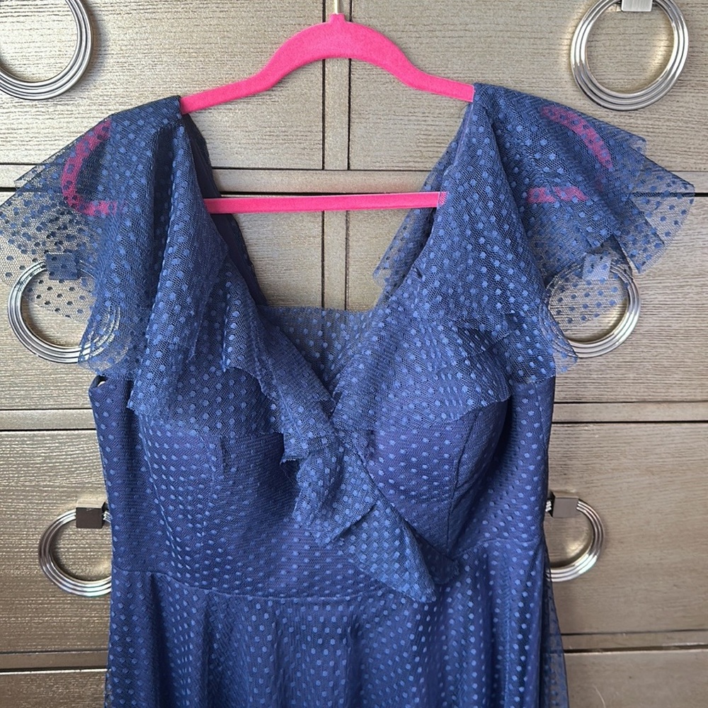🛍️SALE🛍️ Venvienna Polka Dot Navy Blue Lace Midi Dress with Ruffles Details - Picture 4 of 11